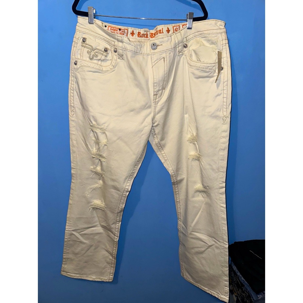 Rock Revival Casper White Straight Jeans Distressed Denim 42x34 Mens